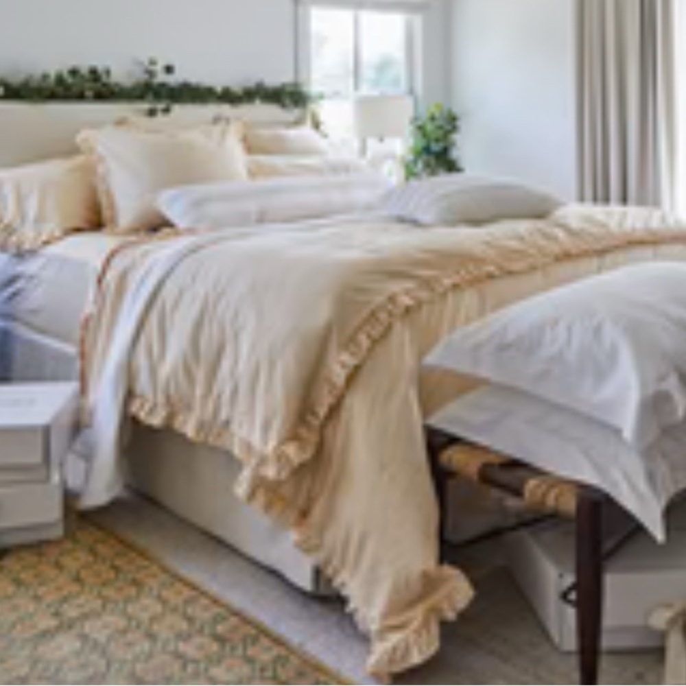 King duvet cover Yellow + white striped ticking ruffle ruffled 100% USA cotton